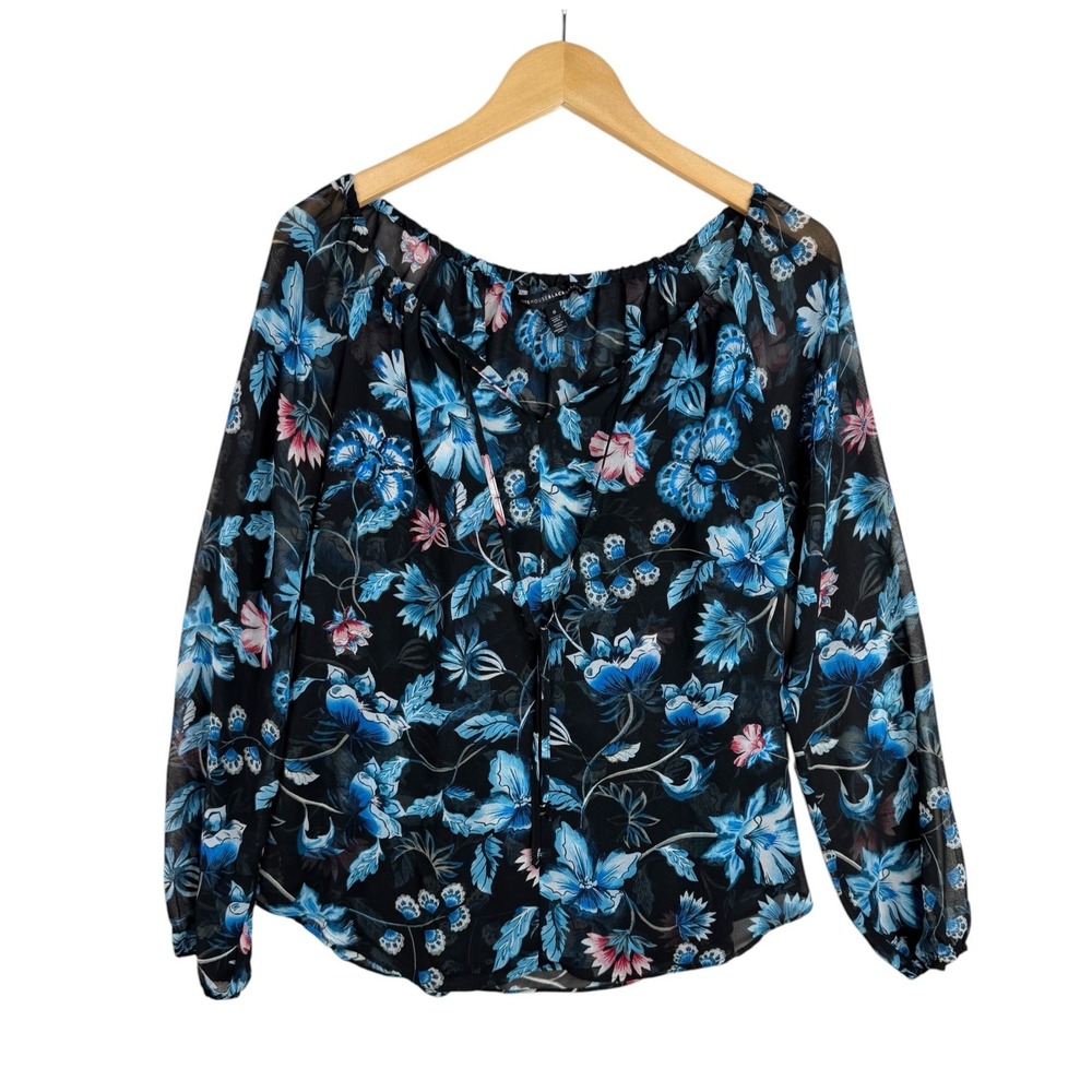 White House Black Market Floral Blouse Blue Black Keyhole Long Sleeve WHBM Sz 6